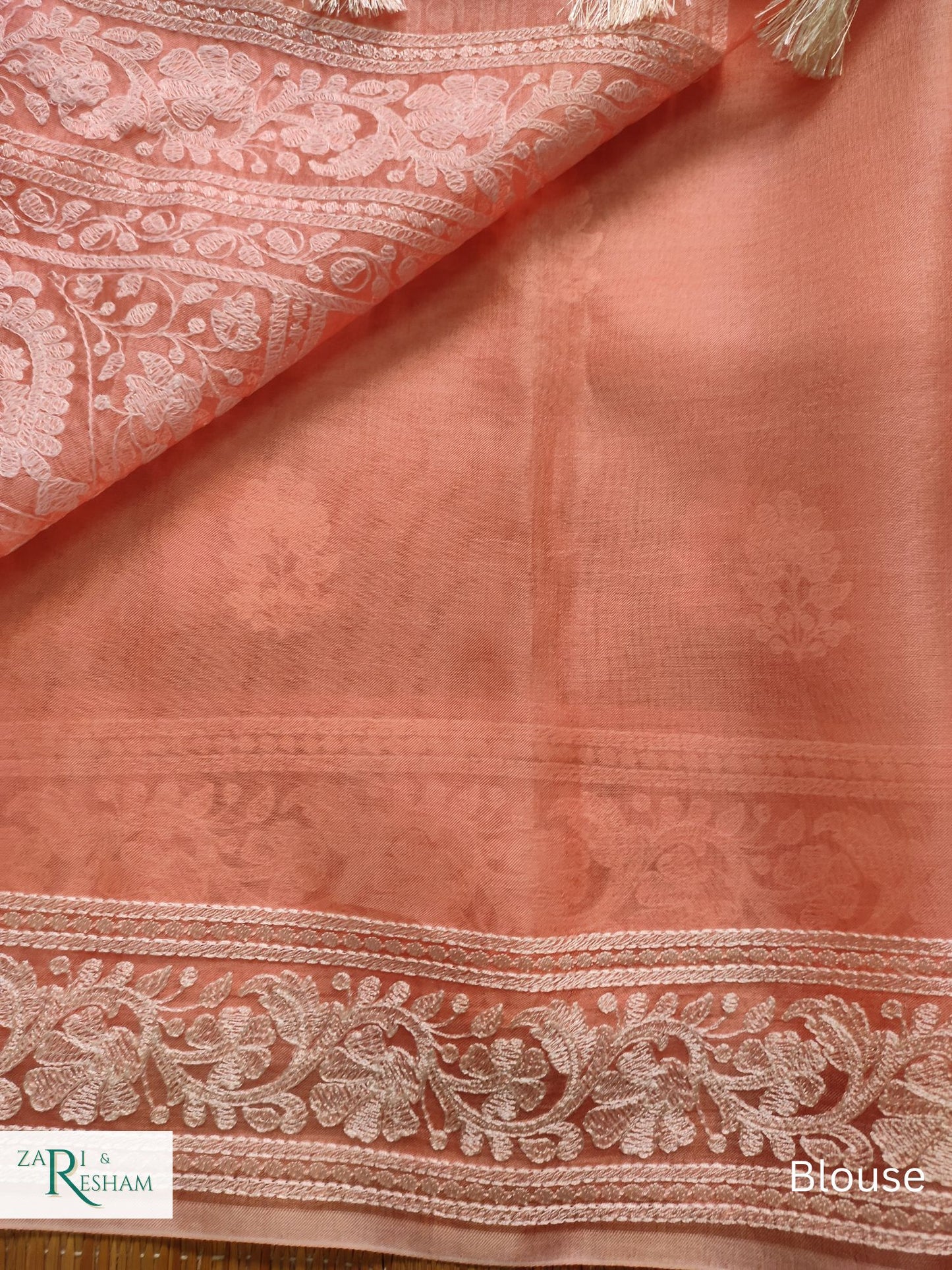 Pure Organza Silk Saree with Beautiful Chikankari Embroidery Work - Peach