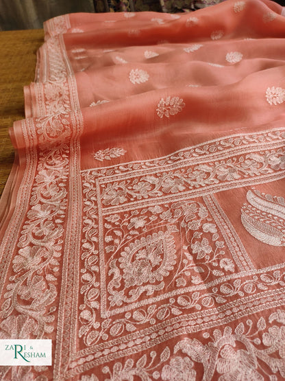 Pure Organza Silk Saree with Beautiful Chikankari Embroidery Work - Peach