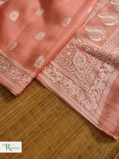 Pure Organza Silk Saree with Beautiful Chikankari Embroidery Work - Peach