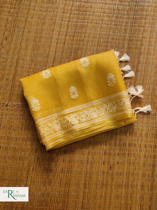 Pure Organza Silk Saree with Beautiful Chikankari Embroidery Work - Gold Yellow