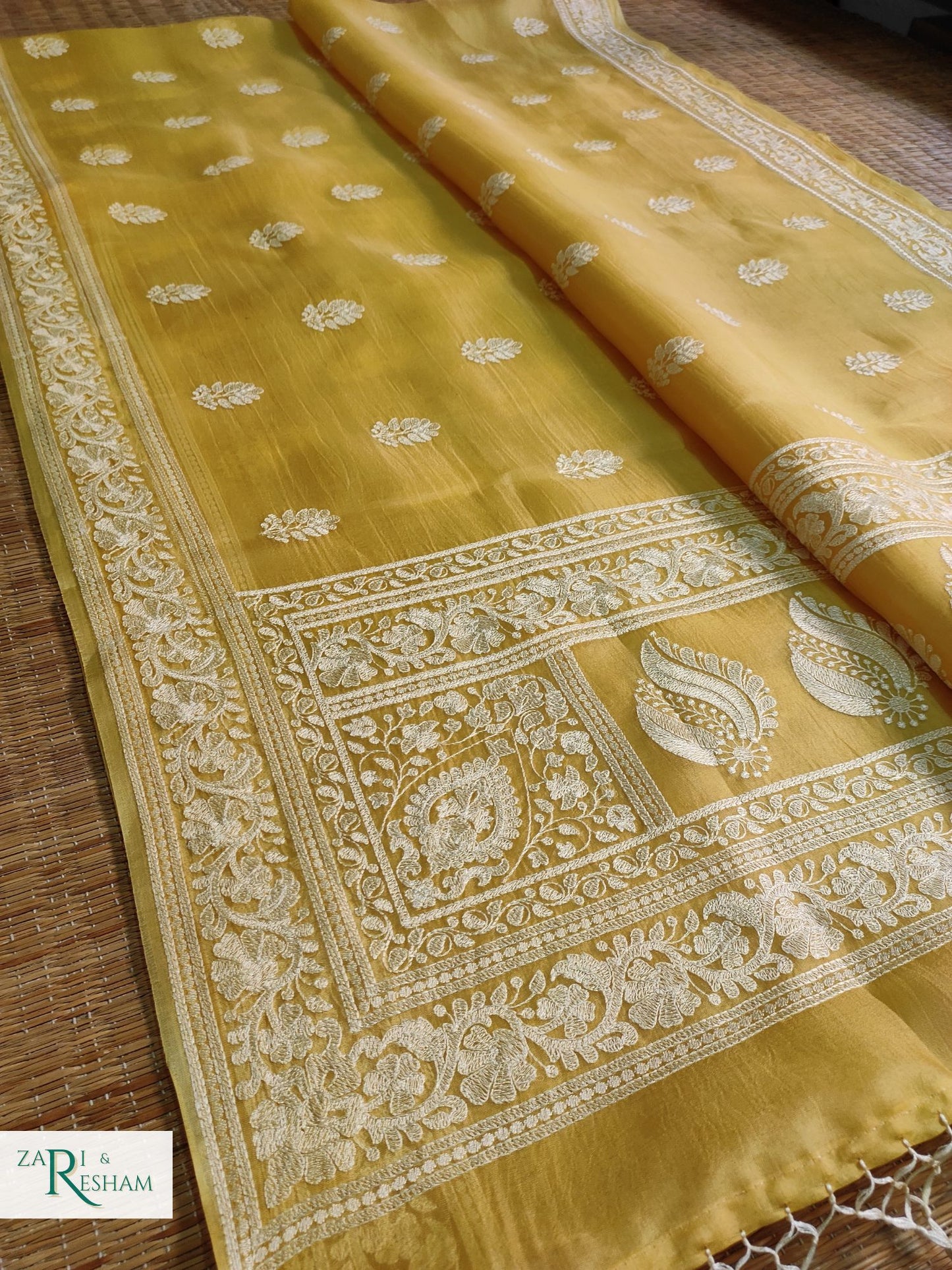 Pure Organza Silk Saree with Beautiful Chikankari Embroidery Work - Gold Yellow