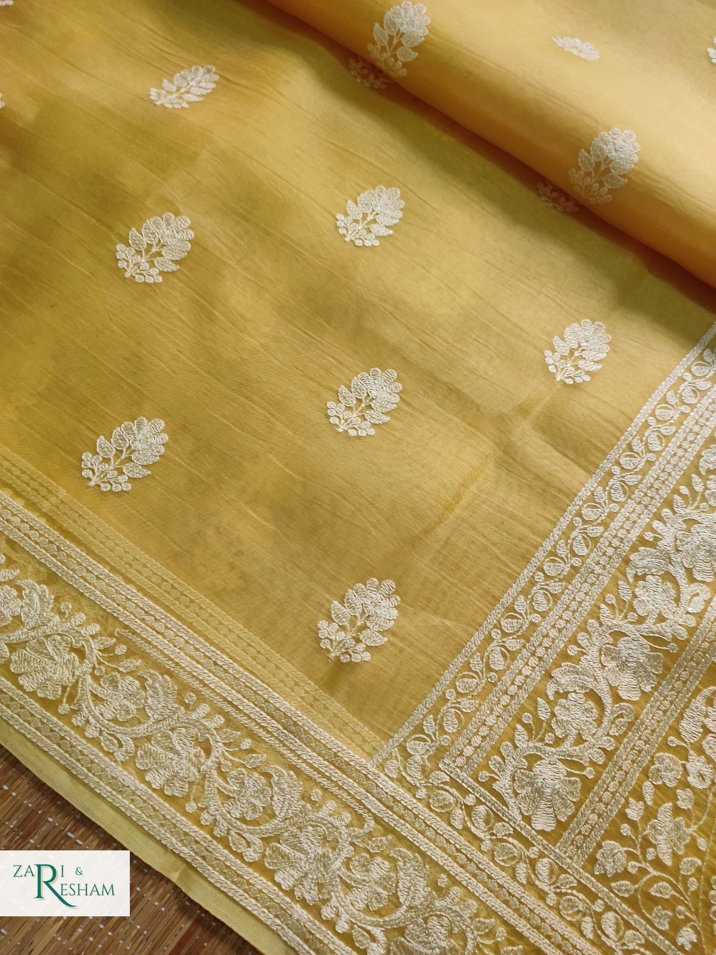 Pure Organza Silk Saree with Beautiful Chikankari Embroidery Work - Gold Yellow