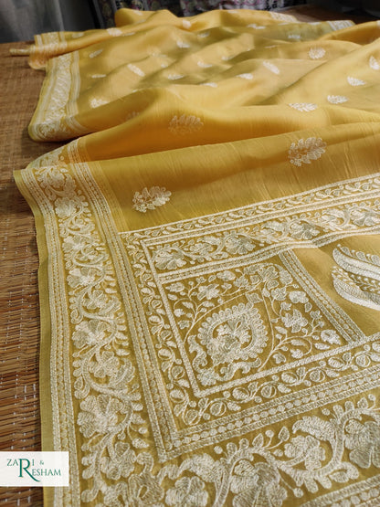 Pure Organza Silk Saree with Beautiful Chikankari Embroidery Work - Gold Yellow