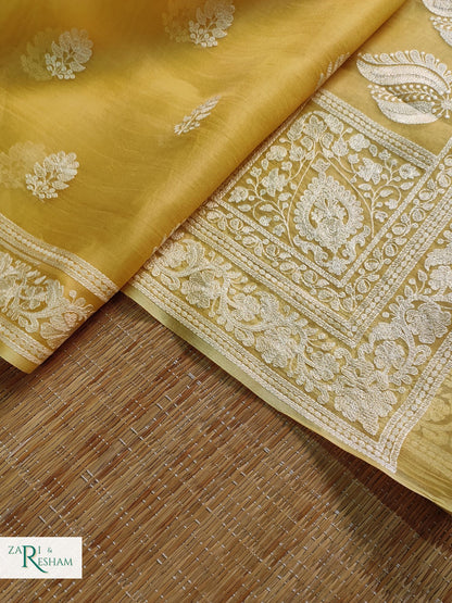 Pure Organza Silk Saree with Beautiful Chikankari Embroidery Work - Gold Yellow