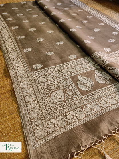 Pure Organza Silk Saree with Beautiful Chikankari Embroidery Work - Mouse Grey