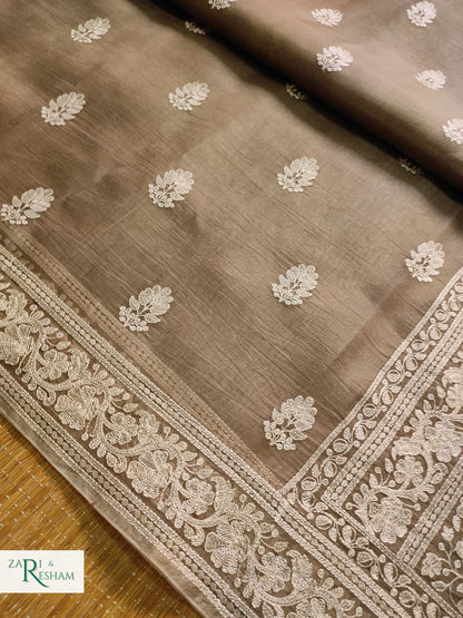 Pure Organza Silk Saree with Beautiful Chikankari Embroidery Work - Mouse Grey