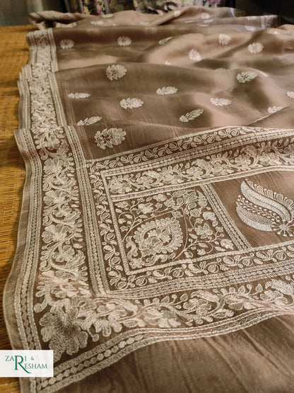 Pure Organza Silk Saree with Beautiful Chikankari Embroidery Work - Mouse Grey