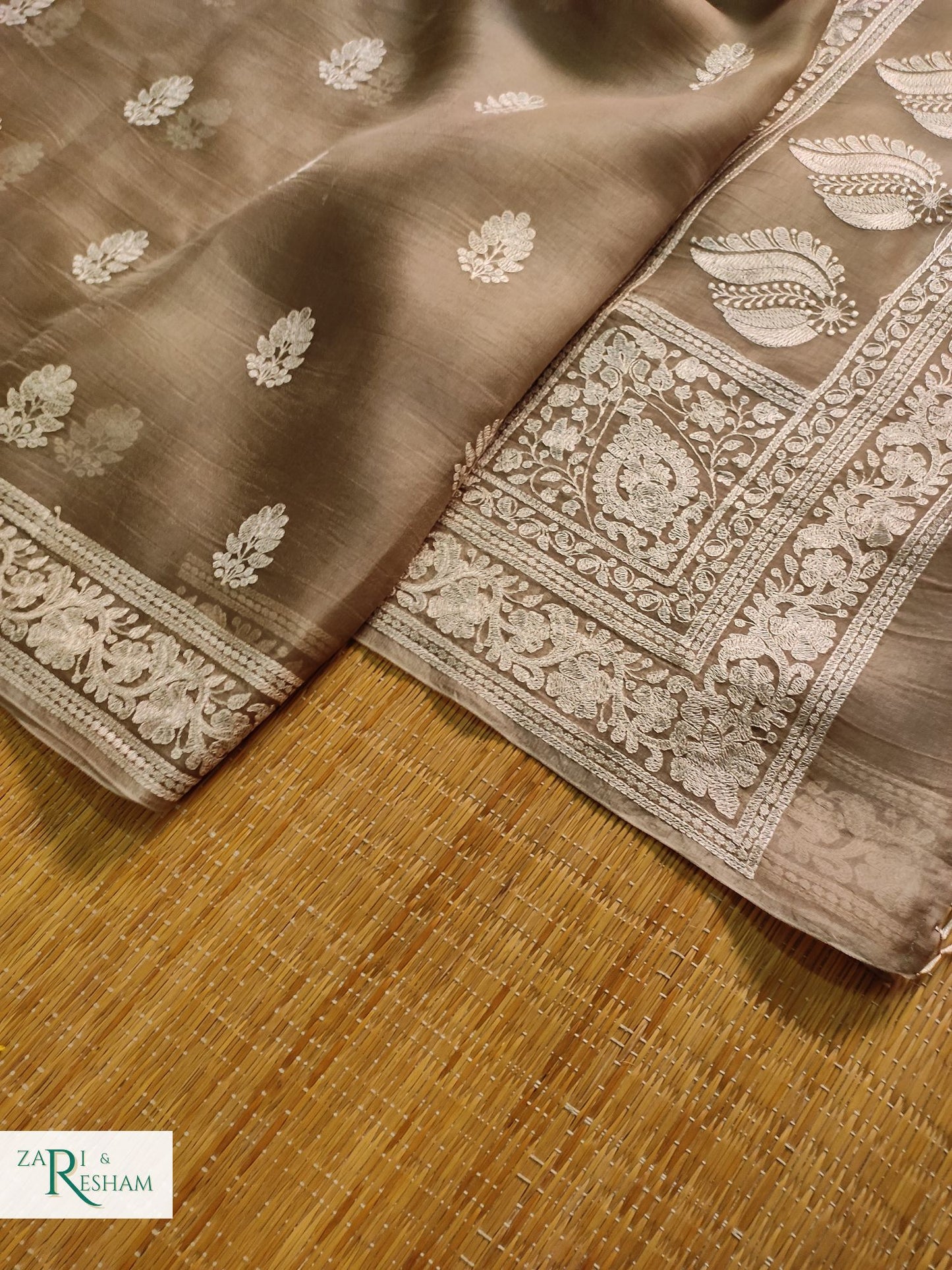 Pure Organza Silk Saree with Beautiful Chikankari Embroidery Work - Mouse Grey