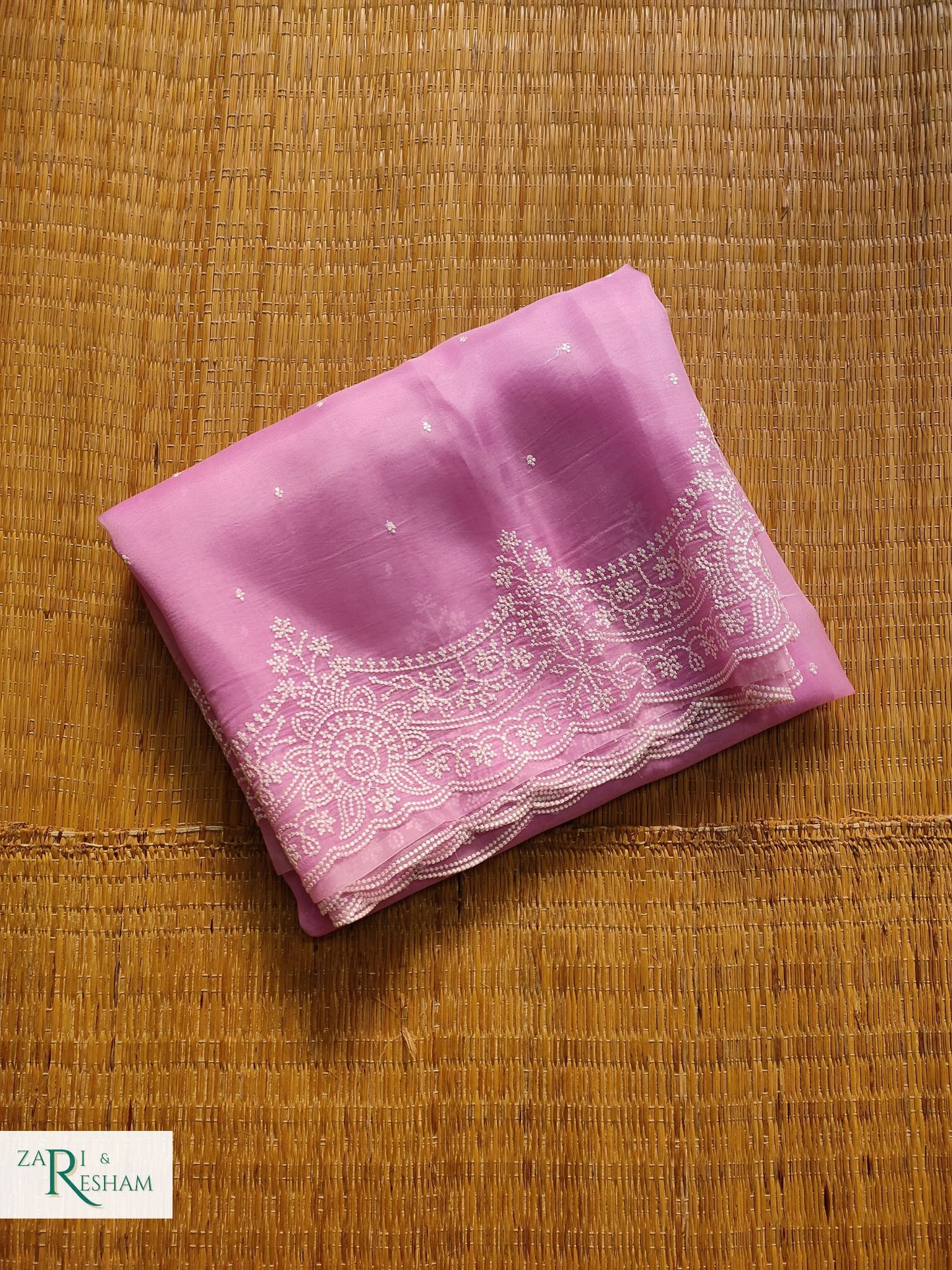 Pure Organza Silk Saree with Beautiful Pearl Style Embroidery Work with Scalloped Edges - Pink