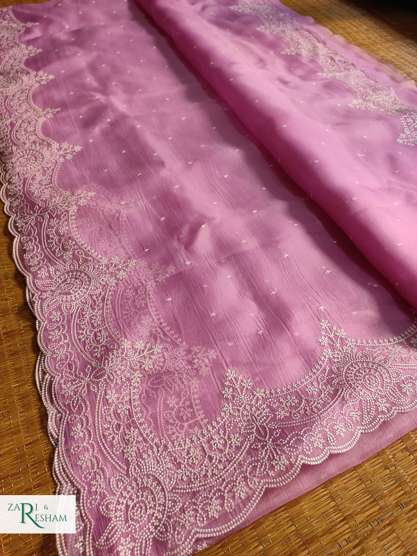 Pure Organza Silk Saree with Beautiful Pearl Style Embroidery Work with Scalloped Edges - Pink