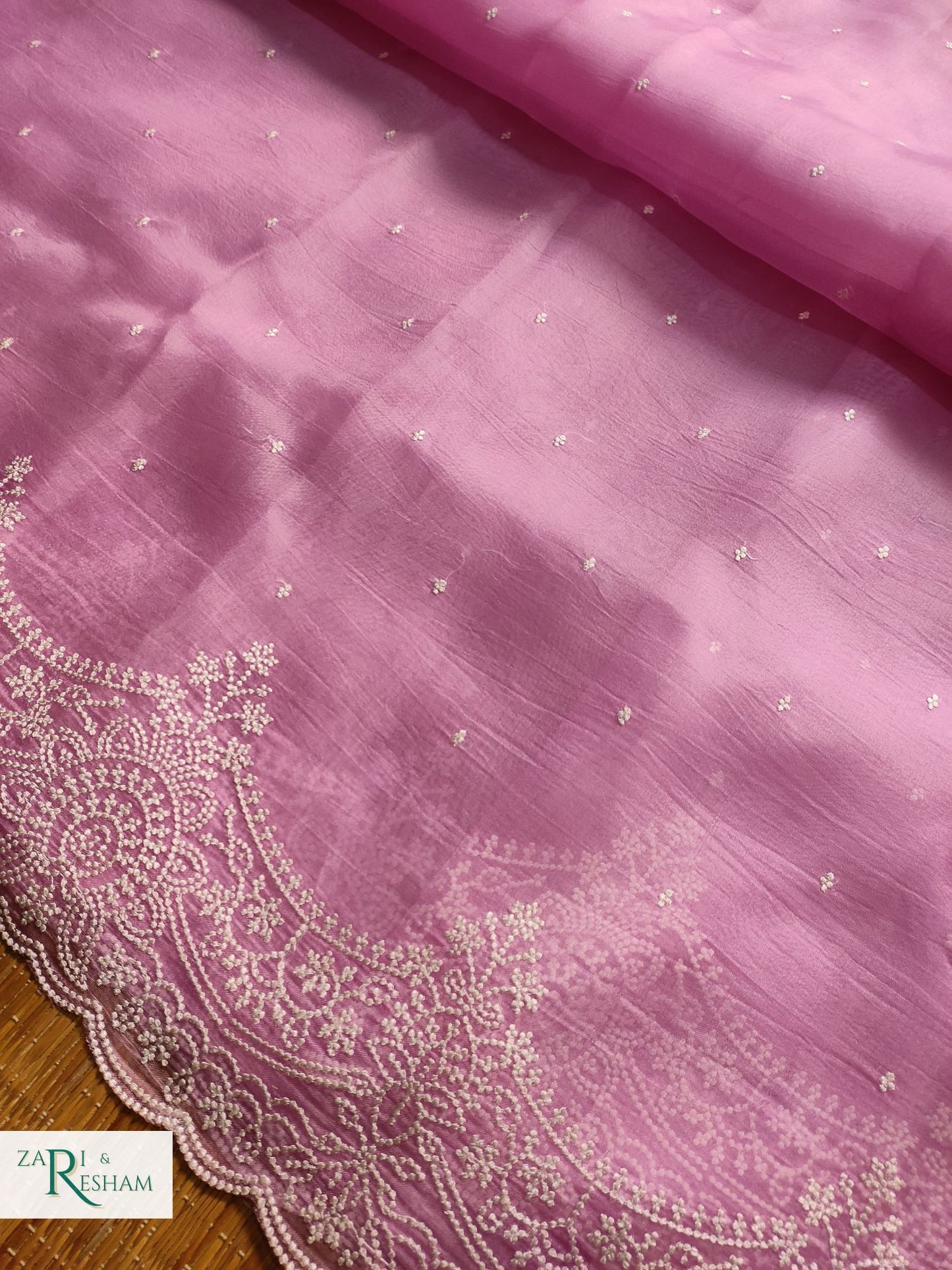 Pure Organza Silk Saree with Beautiful Pearl Style Embroidery Work with Scalloped Edges - Pink