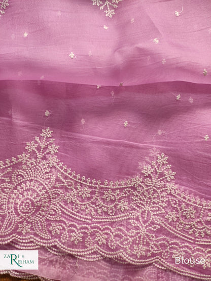 Pure Organza Silk Saree with Beautiful Pearl Style Embroidery Work with Scalloped Edges - Pink