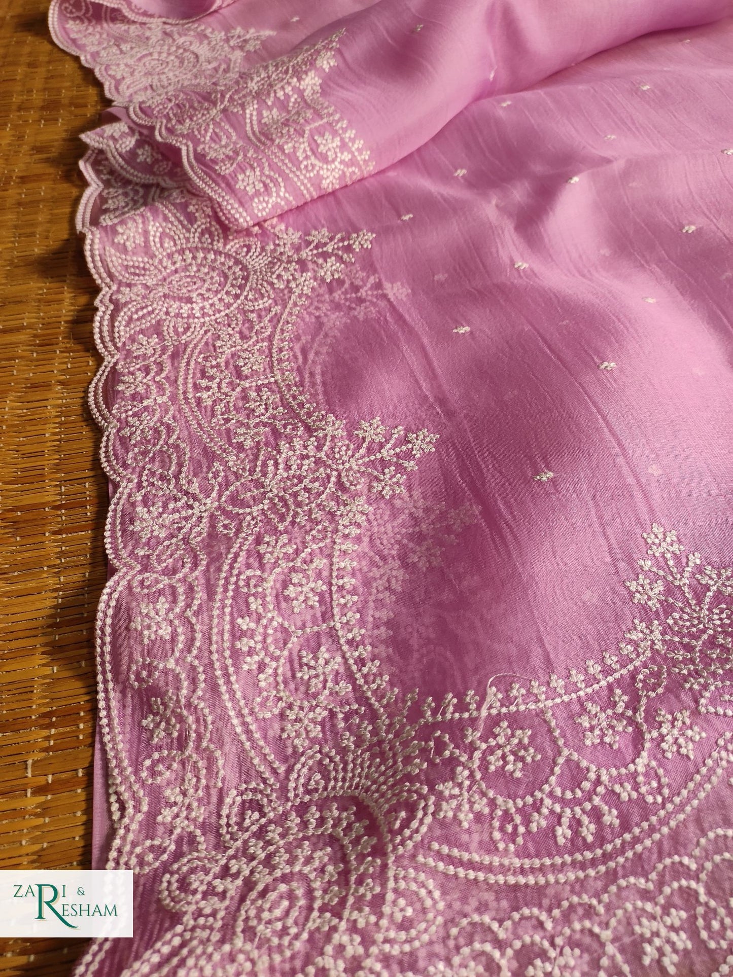 Pure Organza Silk Saree with Beautiful Pearl Style Embroidery Work with Scalloped Edges - Pink