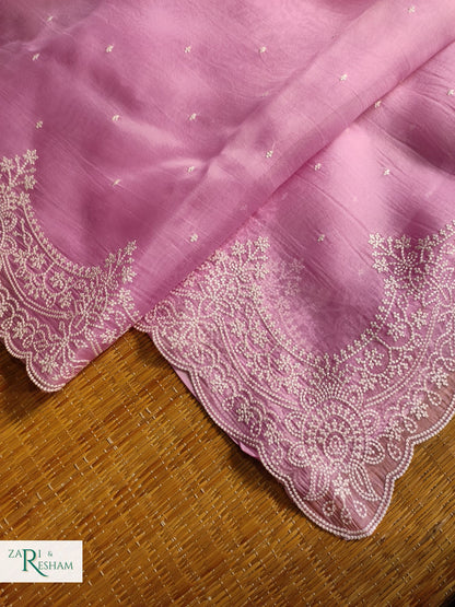 Pure Organza Silk Saree with Beautiful Pearl Style Embroidery Work with Scalloped Edges - Pink