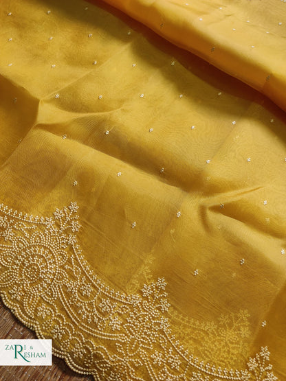 Pure Organza Silk Saree with Beautiful Pearl Style Embroidery Work with Scalloped Edges - Gold Yellow