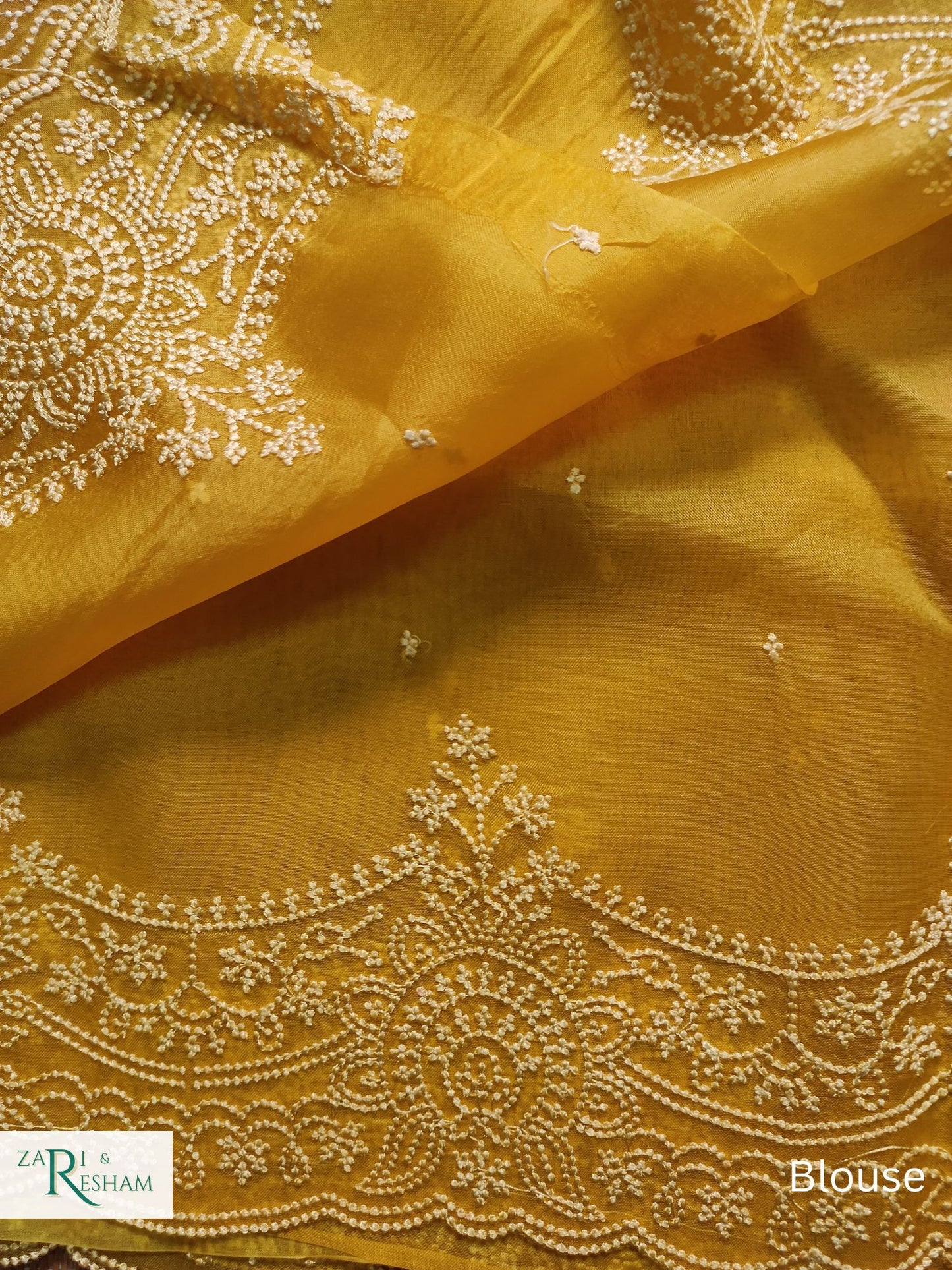 Pure Organza Silk Saree with Beautiful Pearl Style Embroidery Work with Scalloped Edges - Gold Yellow