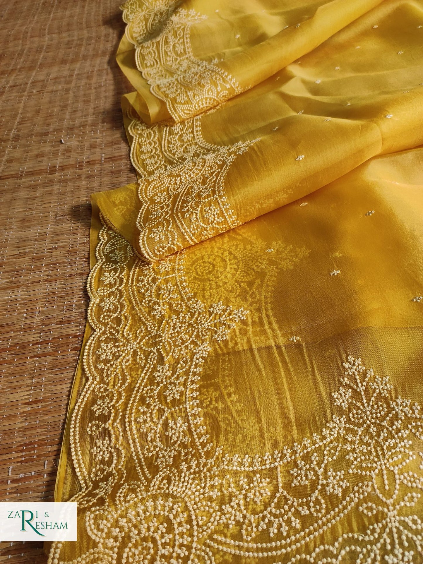 Pure Organza Silk Saree with Beautiful Pearl Style Embroidery Work with Scalloped Edges - Gold Yellow