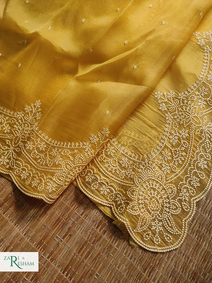 Pure Organza Silk Saree with Beautiful Pearl Style Embroidery Work with Scalloped Edges - Gold Yellow