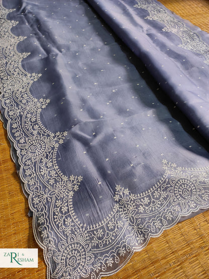 Pure Organza Silk Saree with Beautiful Pearl Style Embroidery Work with Scalloped Edges - Grey