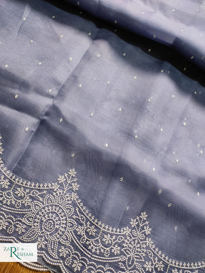 Pure Organza Silk Saree with Beautiful Pearl Style Embroidery Work with Scalloped Edges - Grey