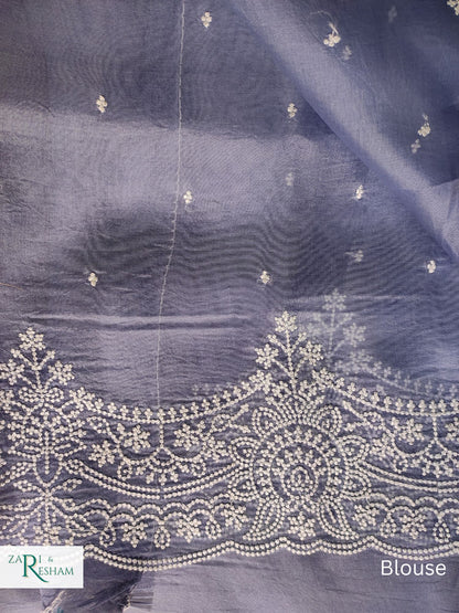 Pure Organza Silk Saree with Beautiful Pearl Style Embroidery Work with Scalloped Edges - Grey