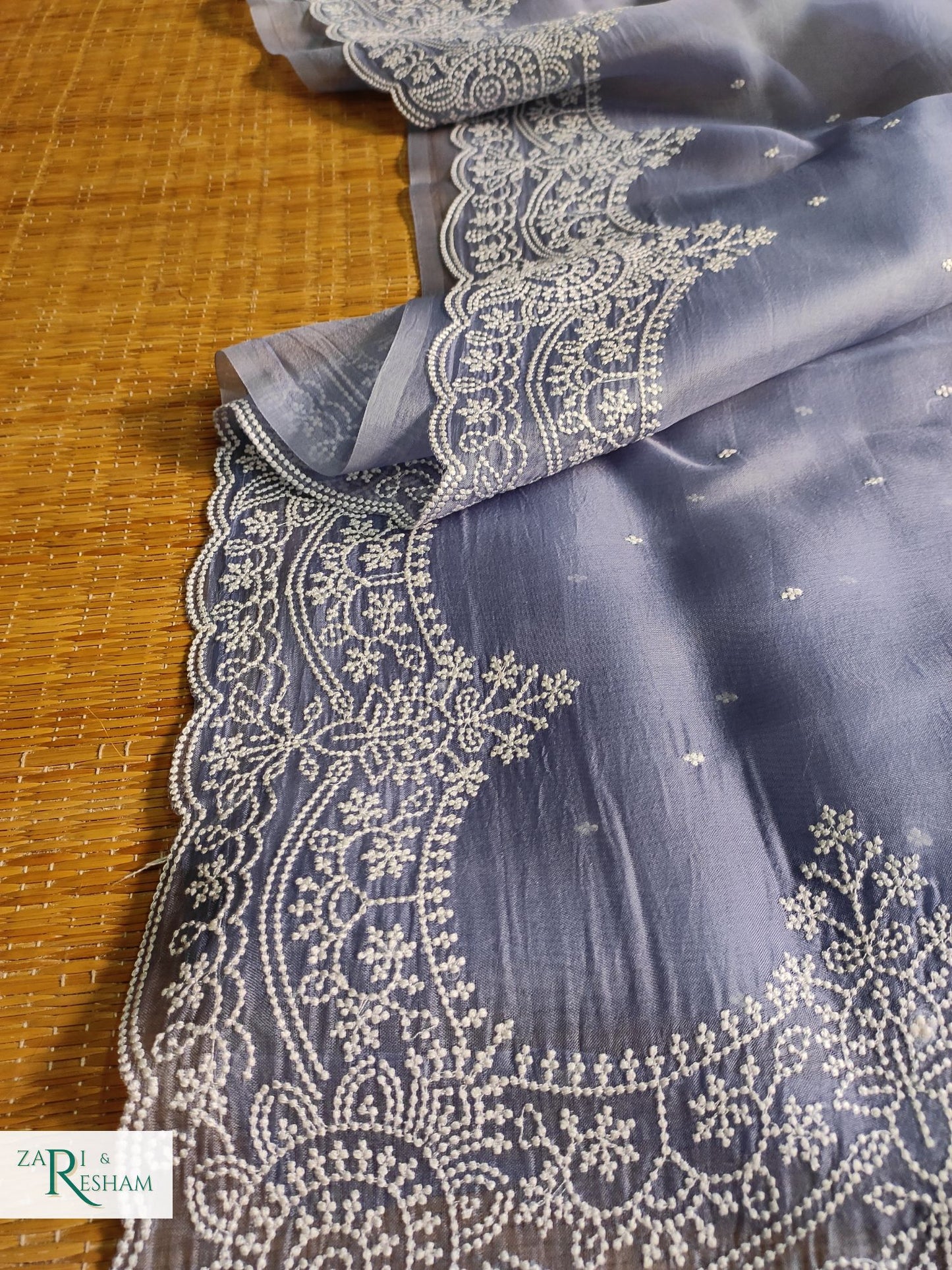 Pure Organza Silk Saree with Beautiful Pearl Style Embroidery Work with Scalloped Edges - Grey