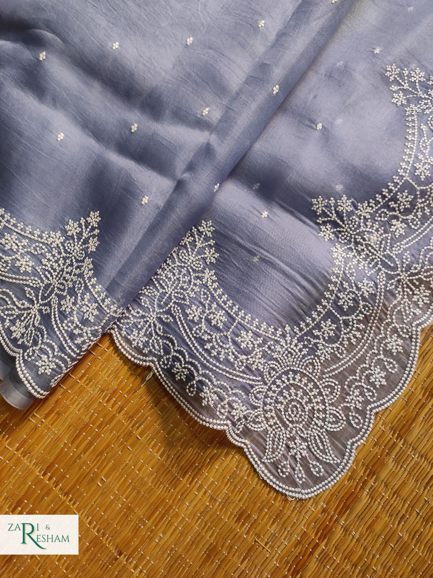 Pure Organza Silk Saree with Beautiful Pearl Style Embroidery Work with Scalloped Edges - Grey