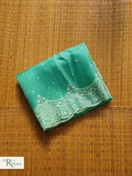 Pure Organza Silk Saree with Beautiful Pearl Style Embroidery Work with Scalloped Edges - Sea Green