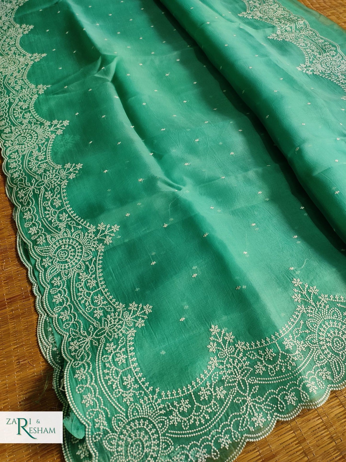 Pure Organza Silk Saree with Beautiful Pearl Style Embroidery Work with Scalloped Edges - Sea Green