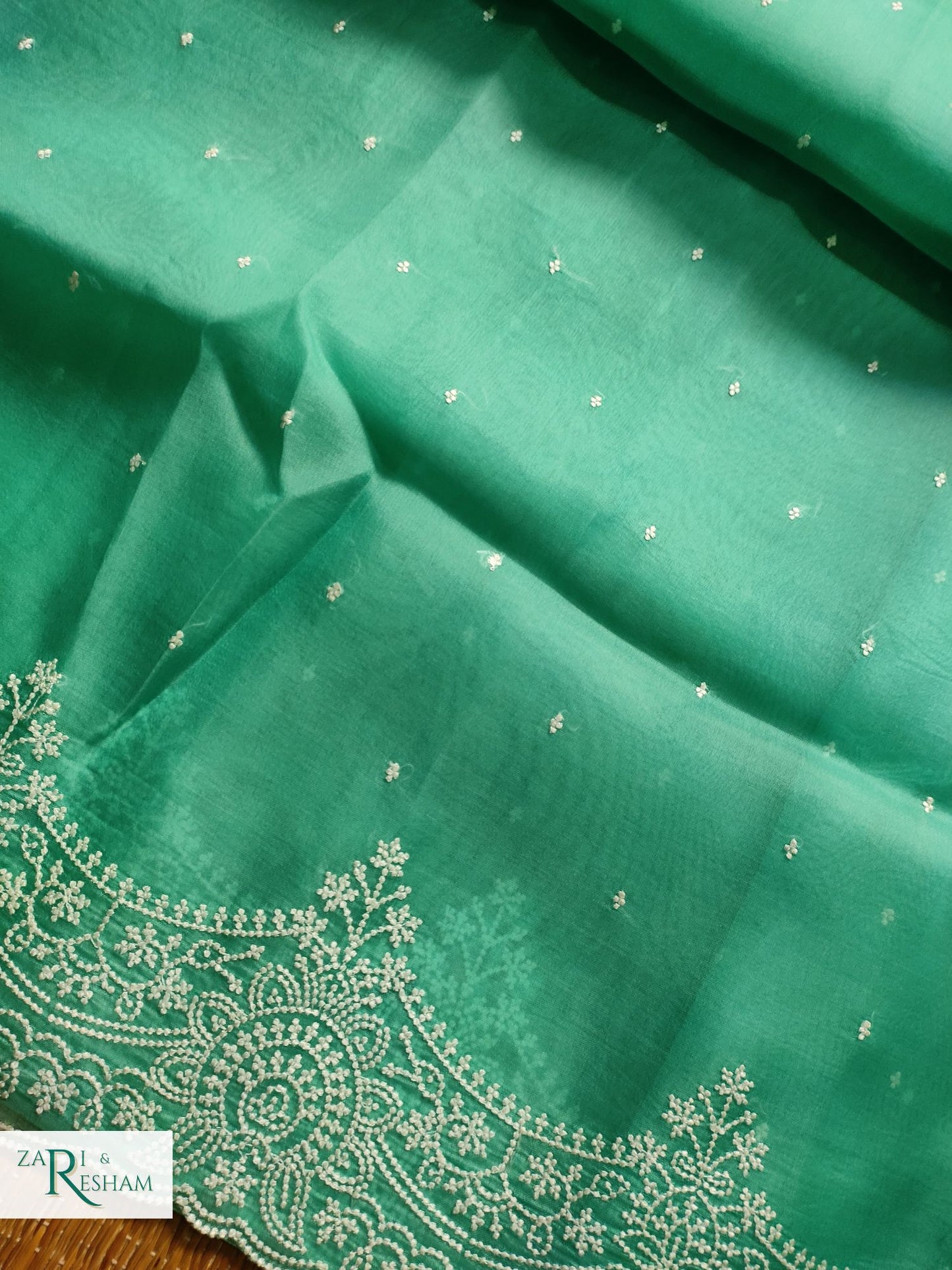 Pure Organza Silk Saree with Beautiful Pearl Style Embroidery Work with Scalloped Edges - Sea Green