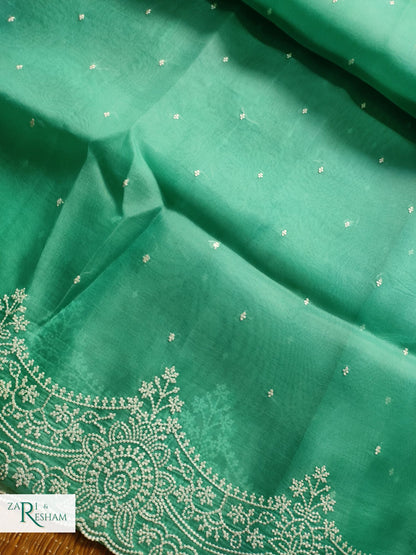 Pure Organza Silk Saree with Beautiful Pearl Style Embroidery Work with Scalloped Edges - Sea Green