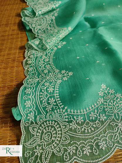 Pure Organza Silk Saree with Beautiful Pearl Style Embroidery Work with Scalloped Edges - Sea Green