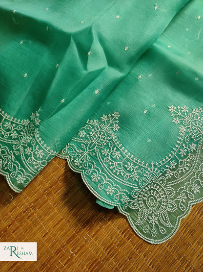 Pure Organza Silk Saree with Beautiful Pearl Style Embroidery Work with Scalloped Edges - Sea Green