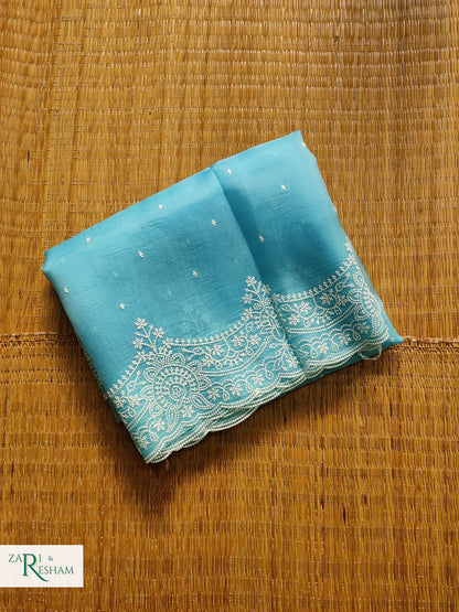 Pure Organza Silk Saree with Beautiful Pearl Style Embroidery Work with Scalloped Edges - Sky Blue