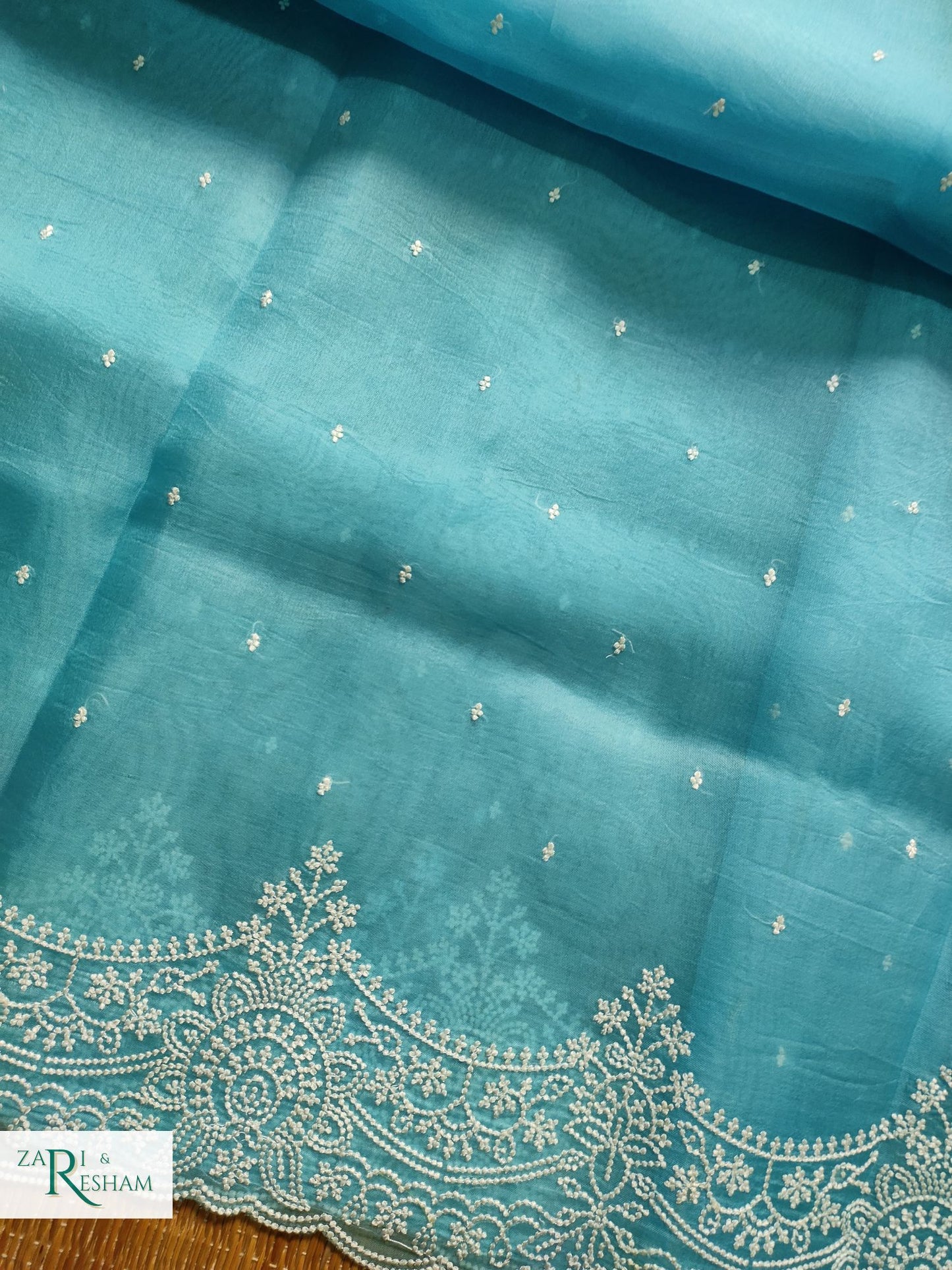 Pure Organza Silk Saree with Beautiful Pearl Style Embroidery Work with Scalloped Edges - Sky Blue