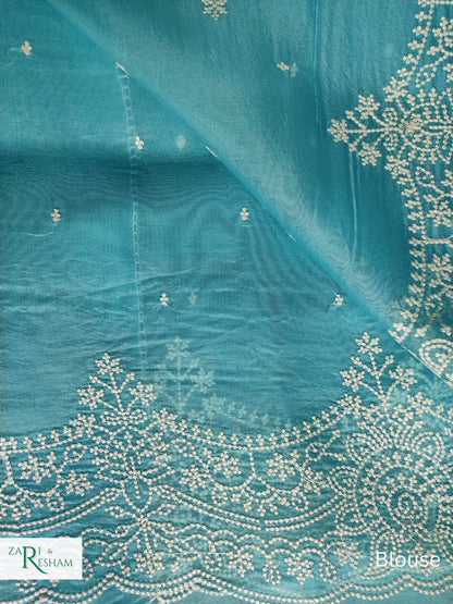 Pure Organza Silk Saree with Beautiful Pearl Style Embroidery Work with Scalloped Edges - Sky Blue