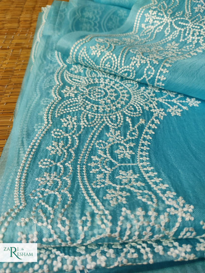 Pure Organza Silk Saree with Beautiful Pearl Style Embroidery Work with Scalloped Edges - Sky Blue