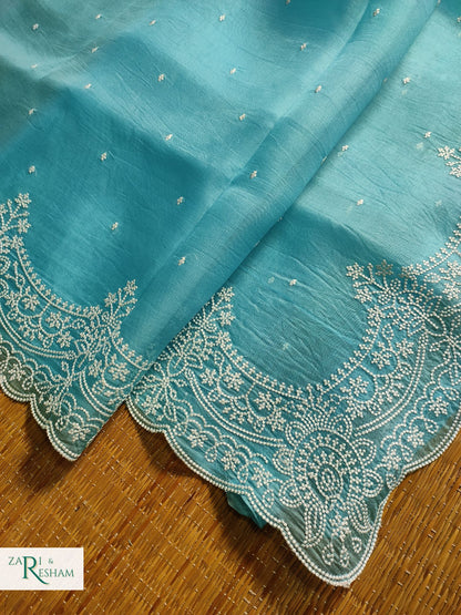 Pure Organza Silk Saree with Beautiful Pearl Style Embroidery Work with Scalloped Edges - Sky Blue