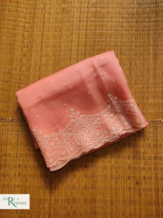 Pure Organza Silk Saree with Beautiful Pearl Style Embroidery Work with Scalloped Edges - Peach