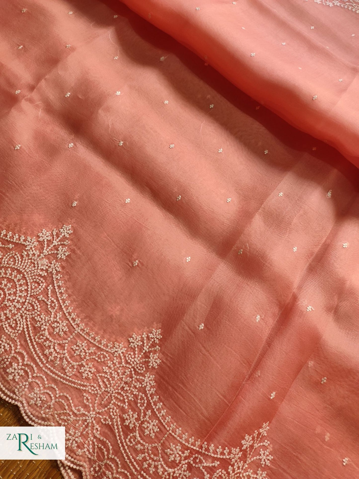 Pure Organza Silk Saree with Beautiful Pearl Style Embroidery Work with Scalloped Edges - Peach