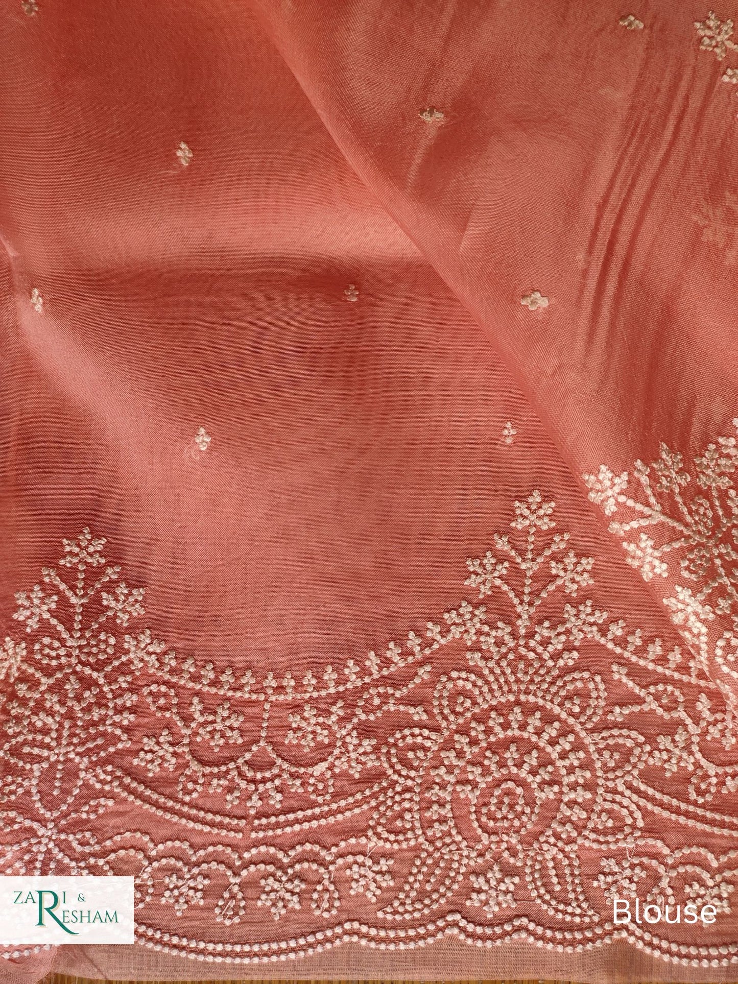 Pure Organza Silk Saree with Beautiful Pearl Style Embroidery Work with Scalloped Edges - Peach