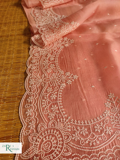 Pure Organza Silk Saree with Beautiful Pearl Style Embroidery Work with Scalloped Edges - Peach