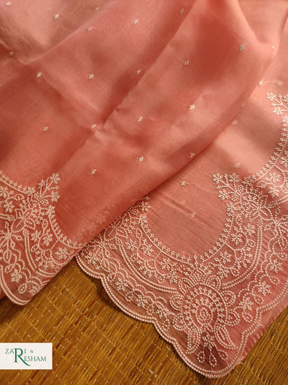 Pure Organza Silk Saree with Beautiful Pearl Style Embroidery Work with Scalloped Edges - Peach