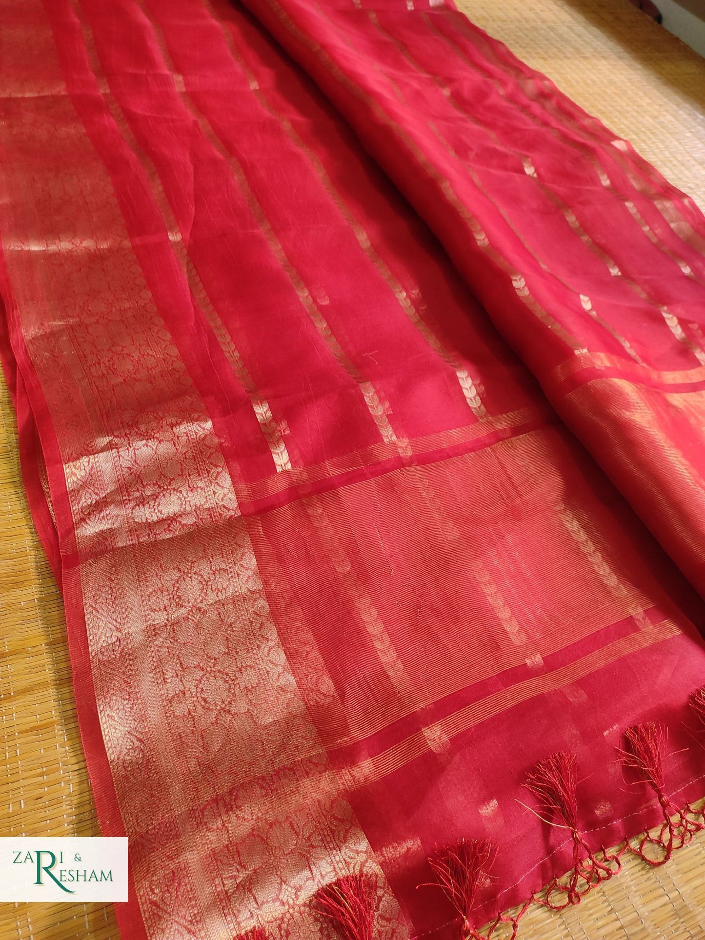 Pure Kora Silk Saree with Reshmi Zari - Red