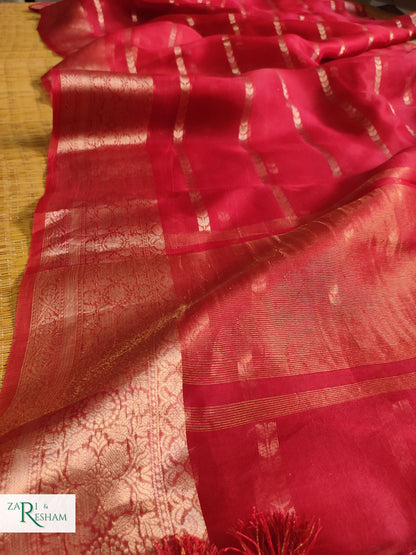 Pure Kora Silk Saree with Reshmi Zari - Red