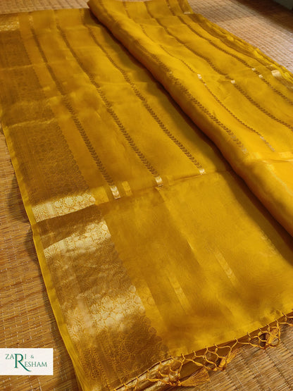 Pure Kora Silk Saree with Reshmi Zari - Mustard