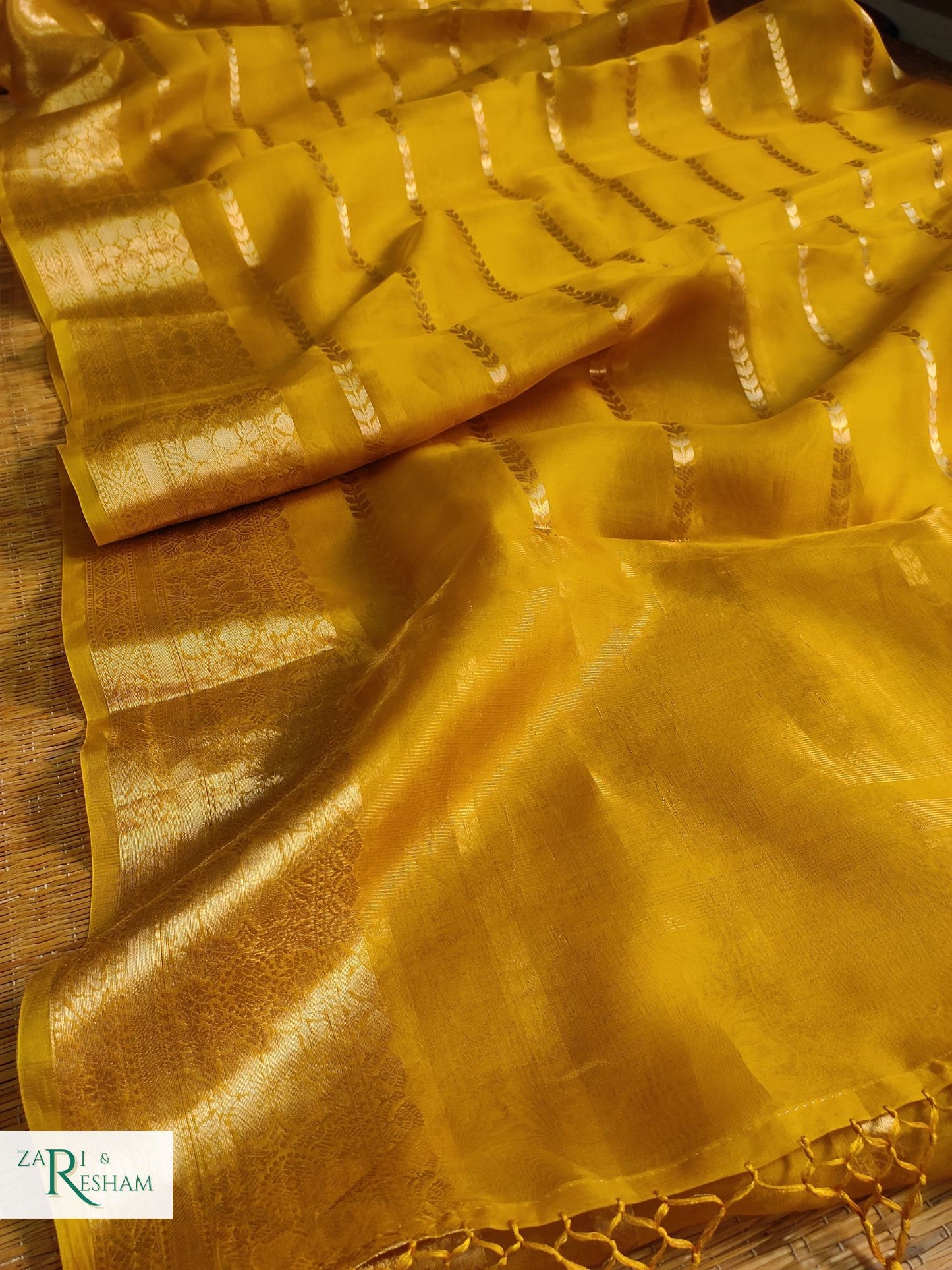 Pure Kora Silk Saree with Reshmi Zari - Mustard