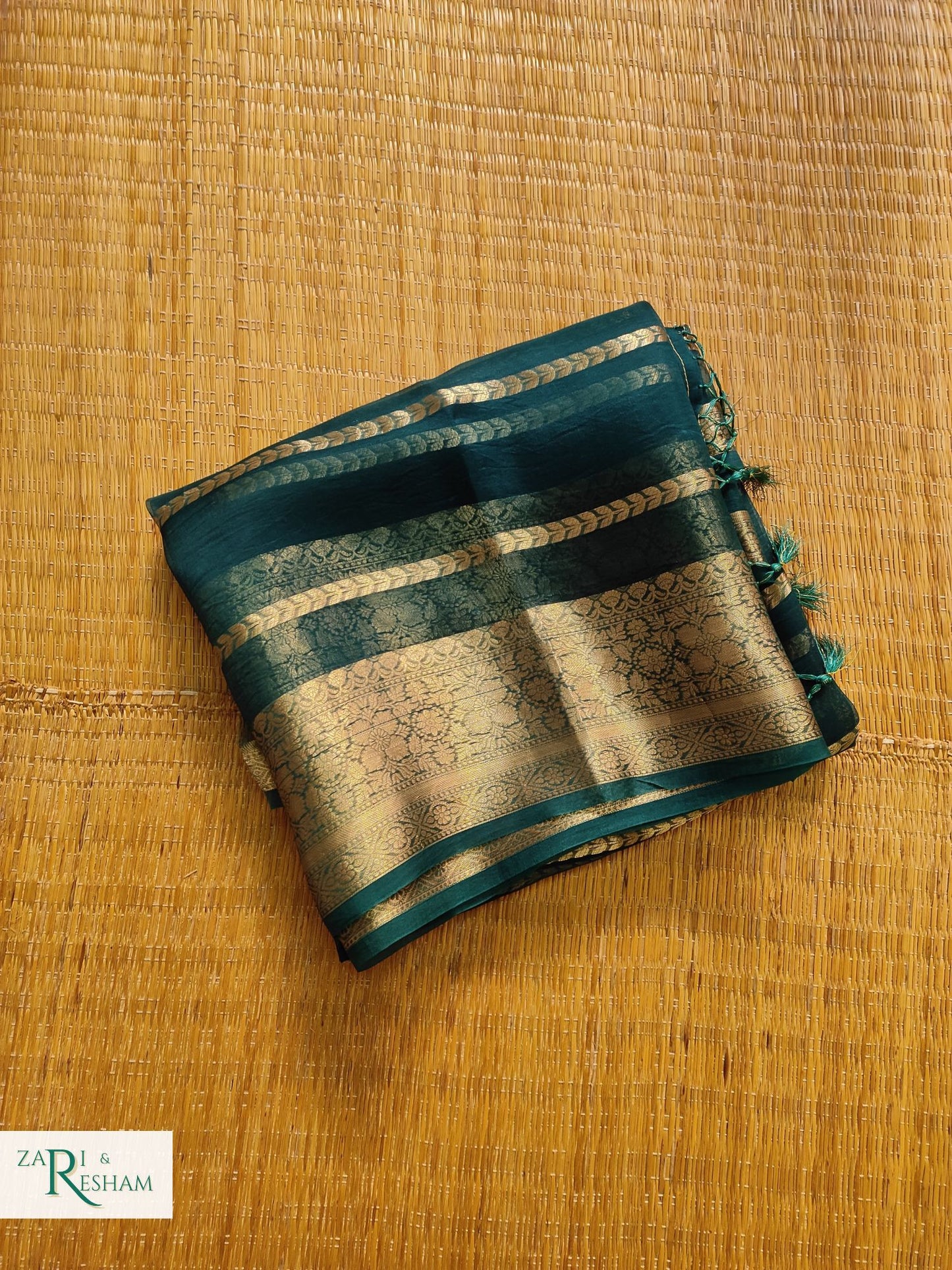 Pure Kora Silk Saree with Reshmi Zari - Emerald Green