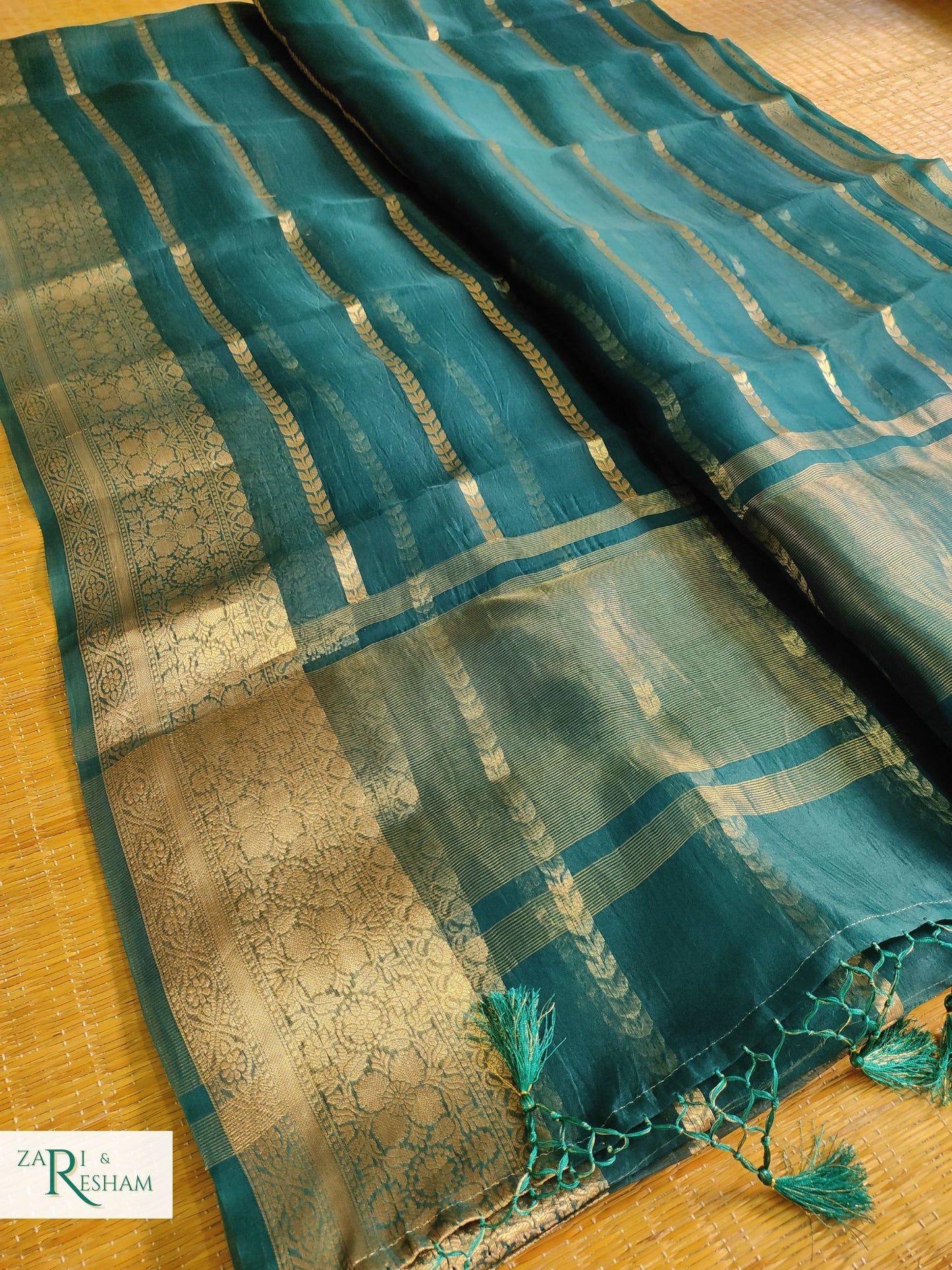 Pure Kora Silk Saree with Reshmi Zari - Emerald Green