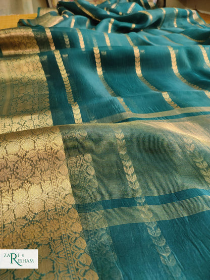 Pure Kora Silk Saree with Reshmi Zari - Emerald Green